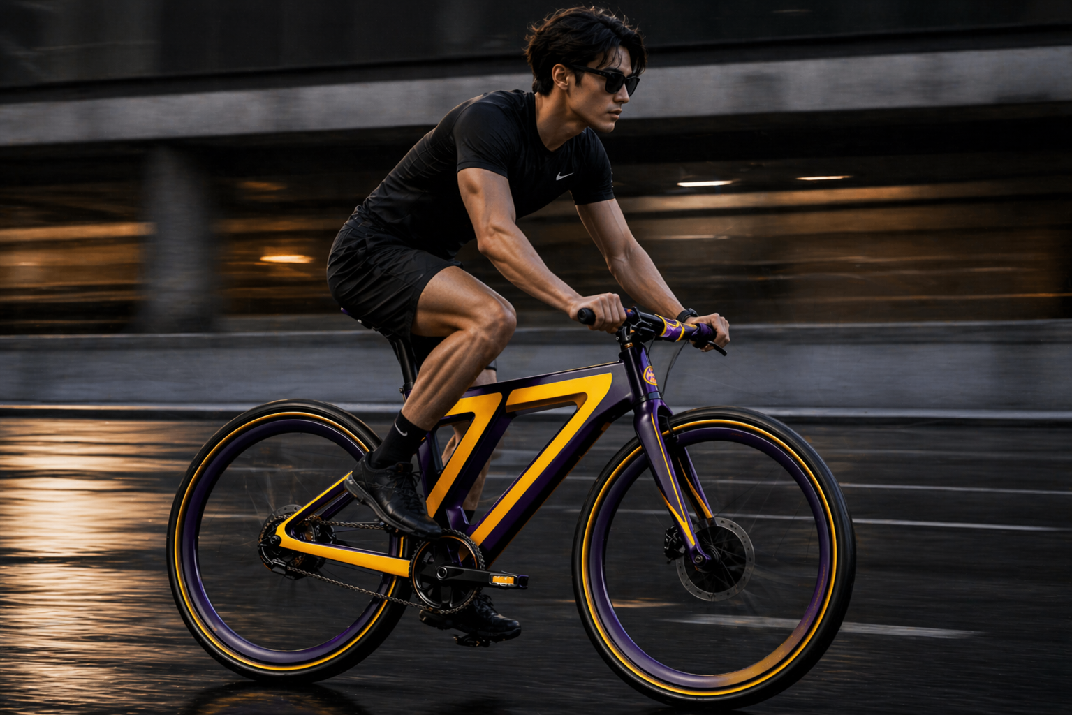 77 — rider in motion through the city at dusk