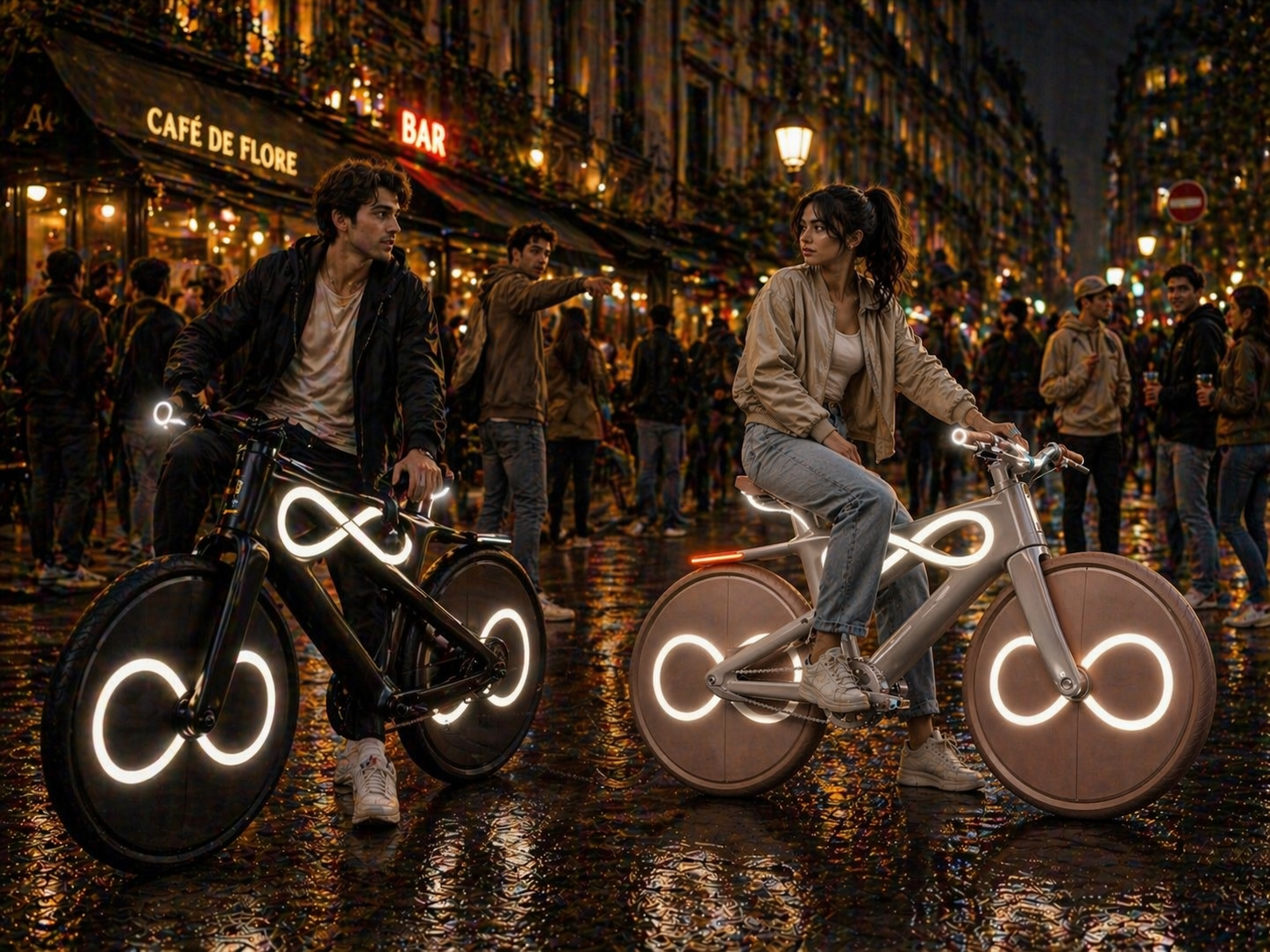 Two riders on Infinity bikes at Café de Flore, Paris