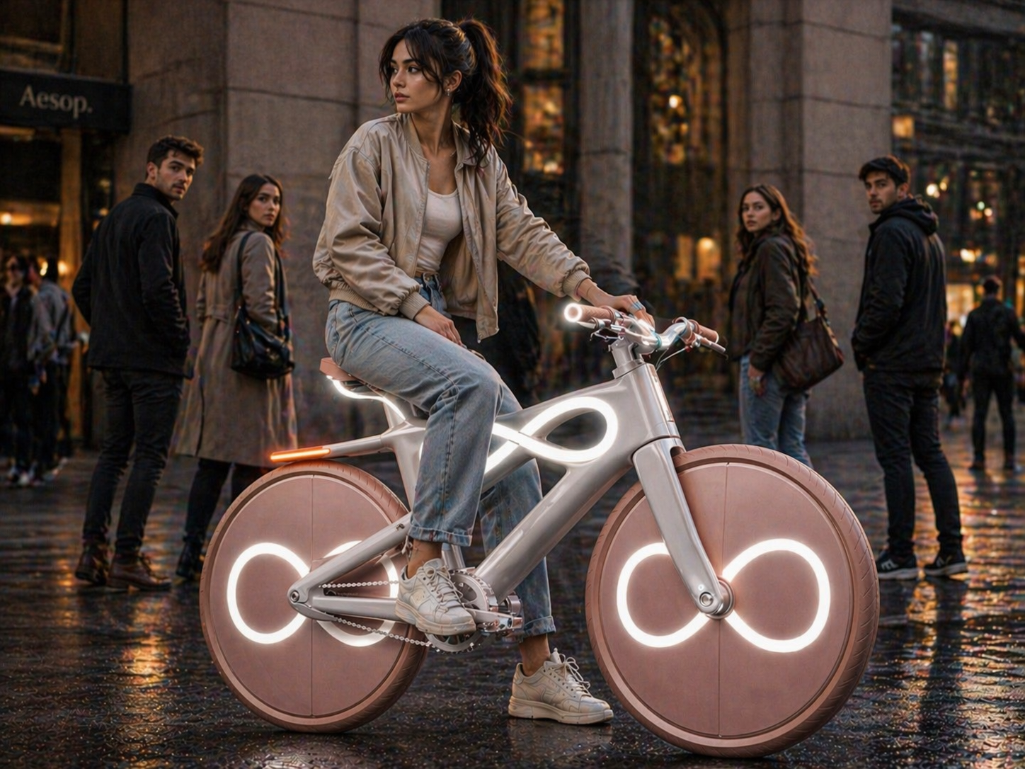 INFINITY FEM — rider in an urban square at dusk