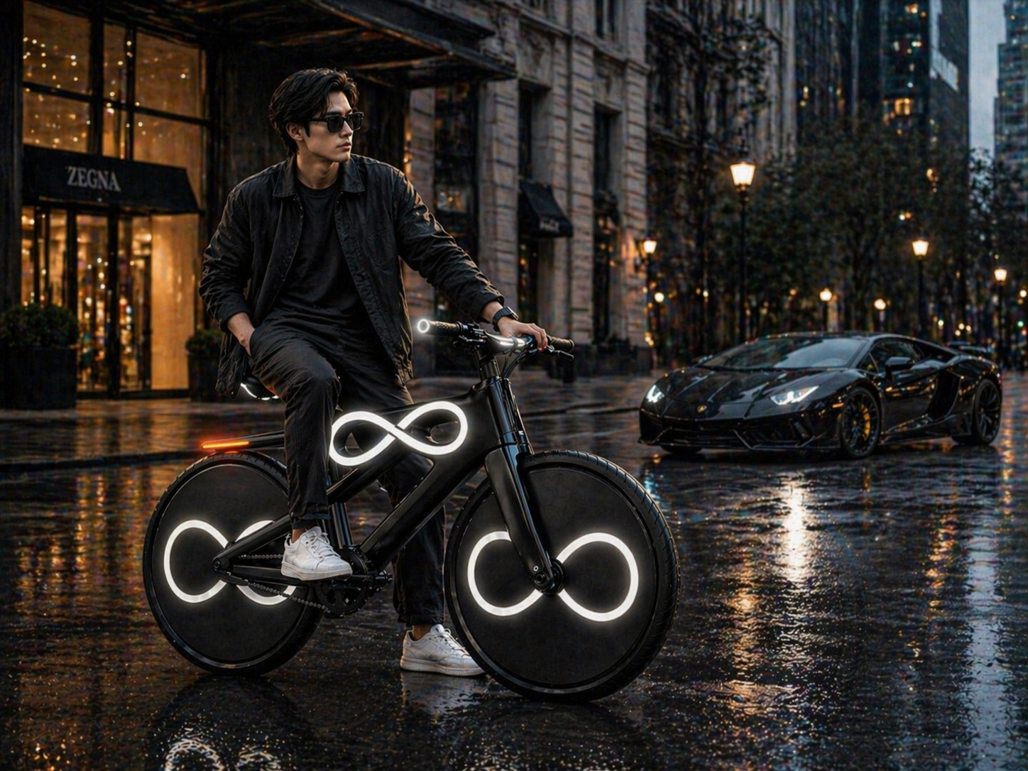 INFINITY MEN — black bike on a rainy city street